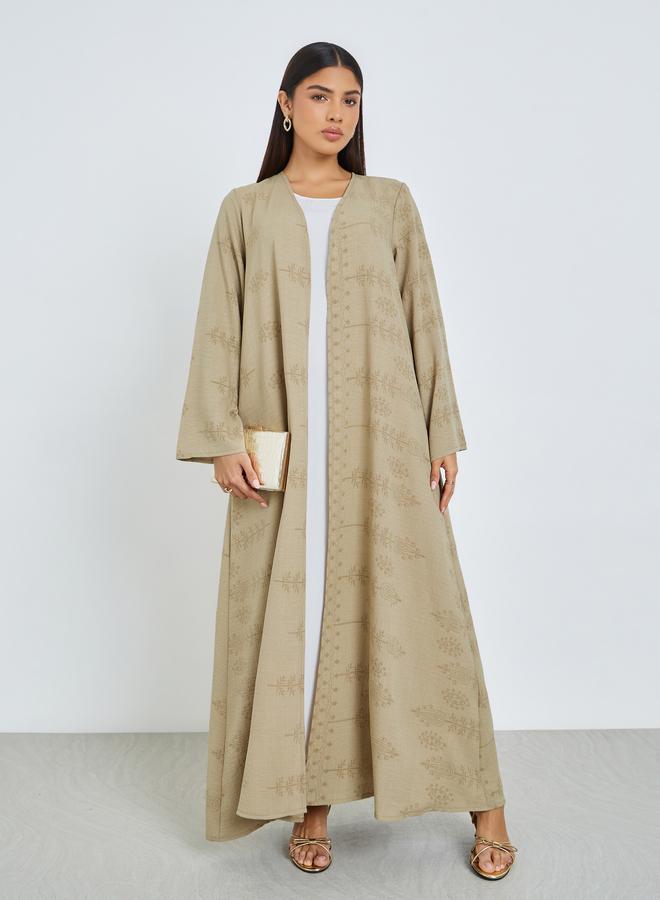 Amirah Khaki Front Open Border Print Abaya - Image 1