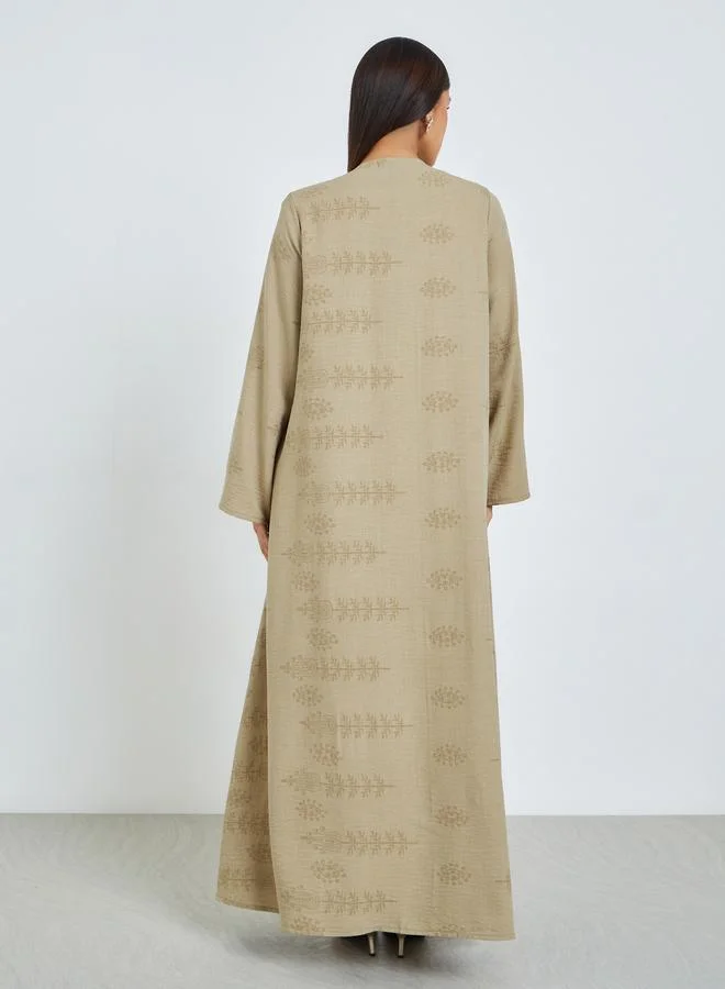 Amirah Khaki Khaki Front Open Border Print Abaya for Women | Best Price UAE
