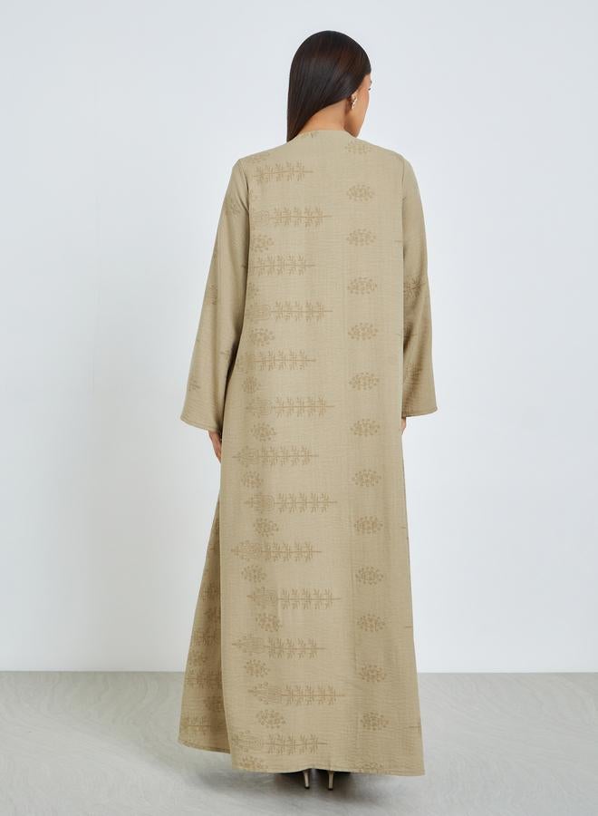 Amirah Khaki Front Open Border Print Abaya - Image 3