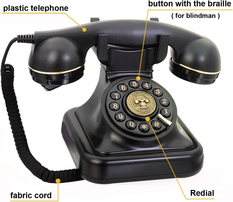 TelPal Retro Landline Phone for Home, Corded Black Old Fashion Phone, 1930's Push Button Antique Telephone, Large Button Vintage Telephone, Power Outage Safe, Redial Button, Classic Retro House Phones - Image 4