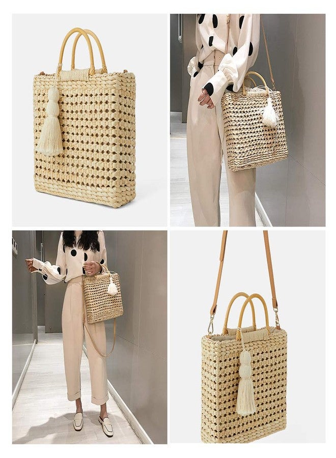 QTKJ Fashion Women Summer Straw Crossbody Bag with Cute Tassels Pendant, Hand-Woven Beach Shoulder Bag with Top Wooden Handle Tote Bag (Beige) - Image 4