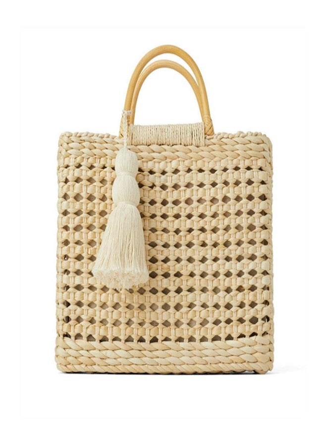 QTKJ Fashion Women Summer Straw Crossbody Bag with Cute Tassels Pendant, Hand-Woven Beach Shoulder Bag with Top Wooden Handle Tote Bag (Beige) - Image 1