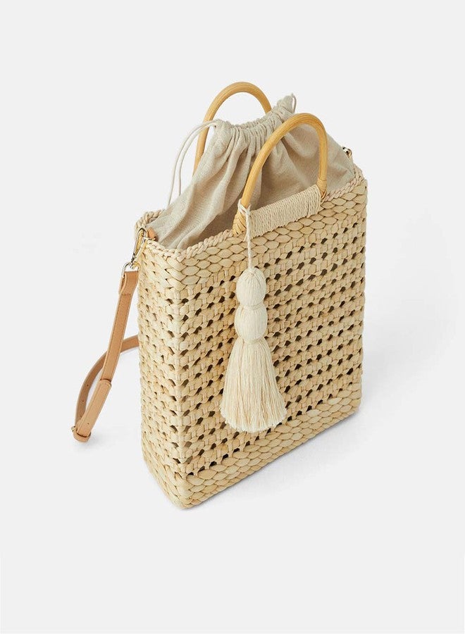 QTKJ Fashion Women Summer Straw Crossbody Bag with Cute Tassels Pendant, Hand-Woven Beach Shoulder Bag with Top Wooden Handle Tote Bag (Beige) - Image 5