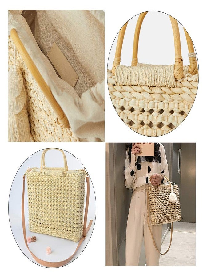 QTKJ Fashion Women Summer Straw Crossbody Bag with Cute Tassels Pendant, Hand-Woven Beach Shoulder Bag with Top Wooden Handle Tote Bag (Beige) - Image 3