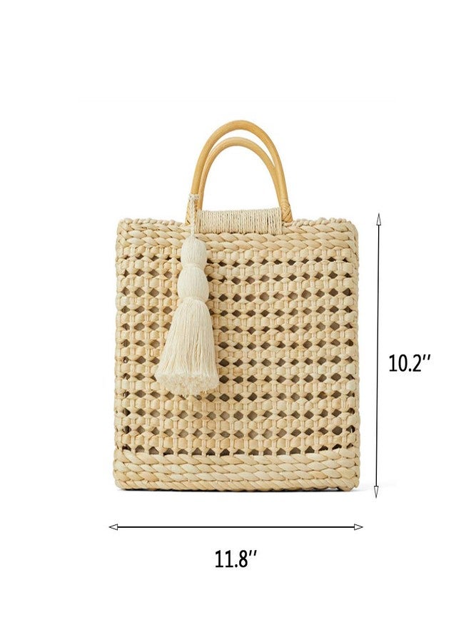 QTKJ Fashion Women Summer Straw Crossbody Bag with Cute Tassels Pendant, Hand-Woven Beach Shoulder Bag with Top Wooden Handle Tote Bag (Beige) - Image 2