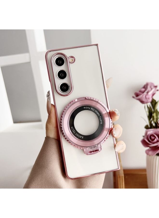 HuHa Case Cover For Samsung Galaxy Z Fold3 5G Plating Fold MagSafe Rotating Holder PC Shockproof Phone Case Pink 