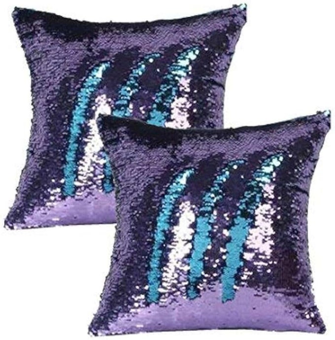 2 PACK GLITTER SEQUINS PILLOW 16X16 DECORATIVE PILLOW COVER SEQUIN PILLOWCASE MAGIC FOR PARTY SOFA COUCH CARLAKE BLUE PURPLE