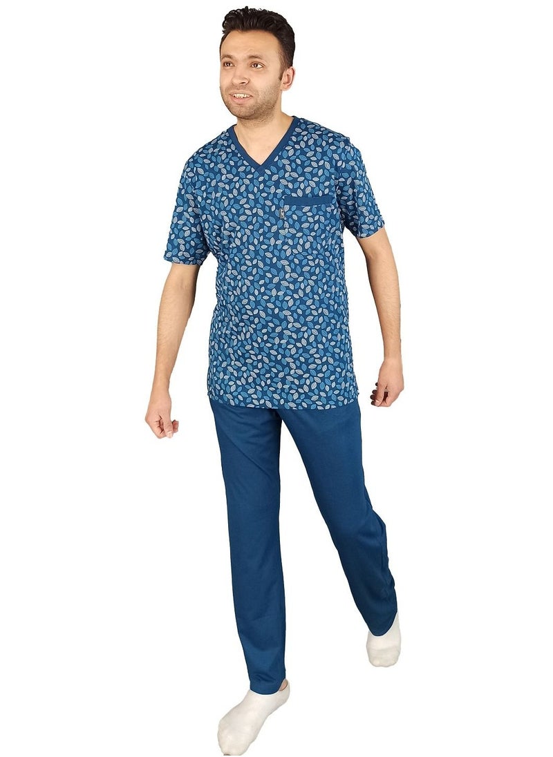 Jet - Men Summer Pajama Set Printed Top & Plain Bottom -Blue - Image 1