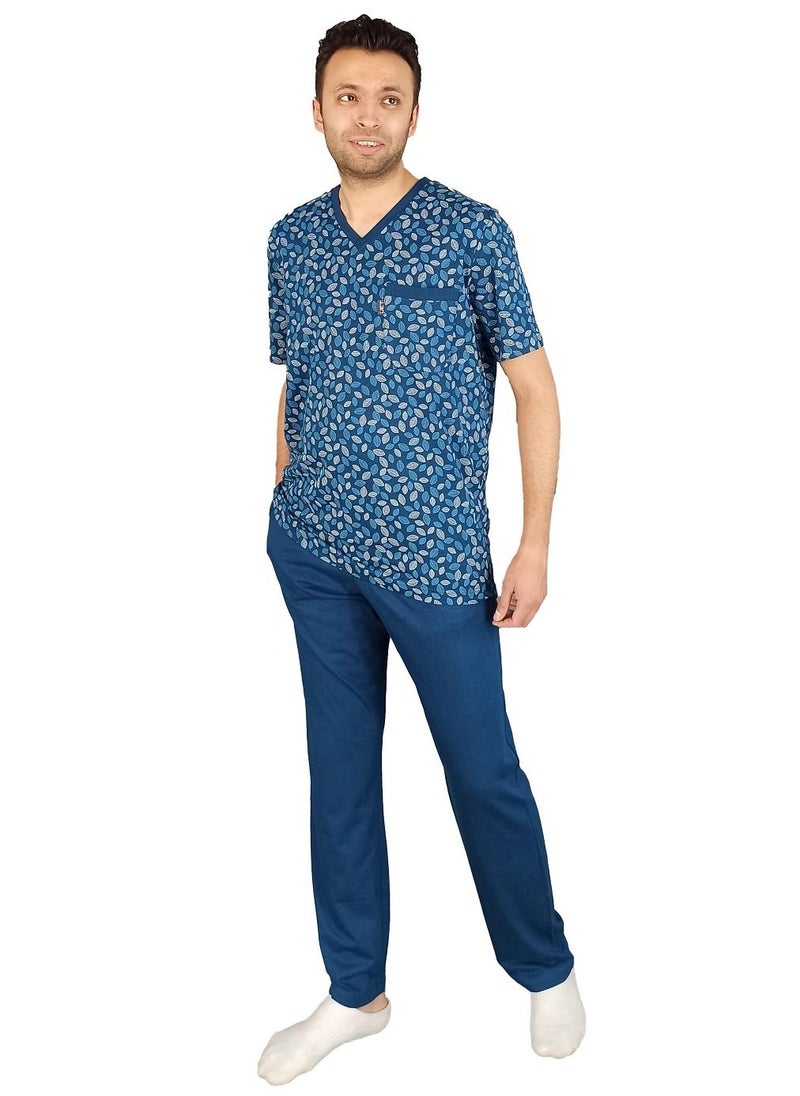 Jet - Men Summer Pajama Set Printed Top & Plain Bottom -Blue - Image 1