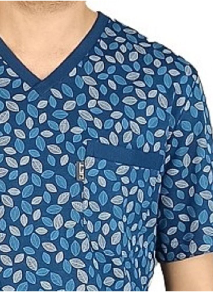 Jet - Men Summer Pajama Set Printed Top & Plain Bottom -Blue - Image 1