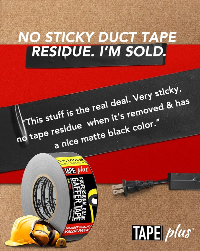 TapePlus Gaffer Tape Roll - Waterproof Adhesive Film - Electrical Cable Management & Floor Marking - Non-Reflective Vinyl Floor Tape - Residue-Free Removal - 2 in x 40 yd, Black, 4-Pack - Image 4