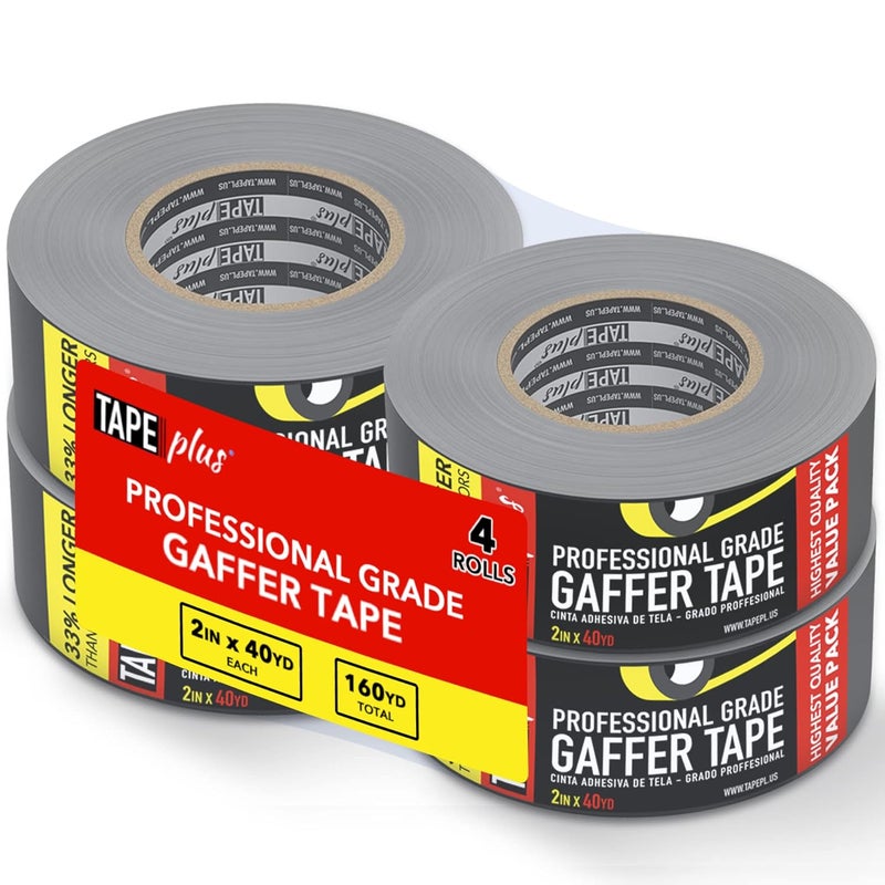 TapePlus Gaffer Tape Roll - Waterproof Adhesive Film - Electrical Cable Management & Floor Marking - Non-Reflective Vinyl Floor Tape - Residue-Free Removal - 2 in x 40 yd, Black, 4-Pack - Image 1