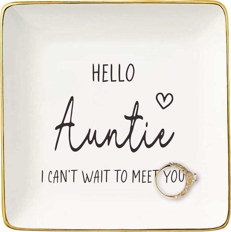 NZY Surprise Gifts for Aunt,Sister,Friends-Baby Reveal Gifts-Christmas Gift-Promoted to Aunt-Pregnancy Announcement Present-Jewelry Tray Trinket Holder Ring Dish-Hello Auntie I Can't Wait To Meet You - Image 1