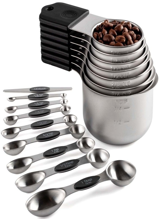 Turewin Magnetic Measuring Cups and Spoons Set Including 7 Stainless Steel Stackable Measuring Cup 8 Double Sided Magnetic Measuring Spoons with 1 Leveler for Dry and Liquid Ingredients (black) - Image 1