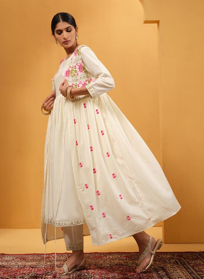 ISHIN Women's Beige Cotton Embroidered A-Line Tunic Upperwear Calf Length Palazzo Bottomwear Flowy 2 Peice Kurta Set - Image 2