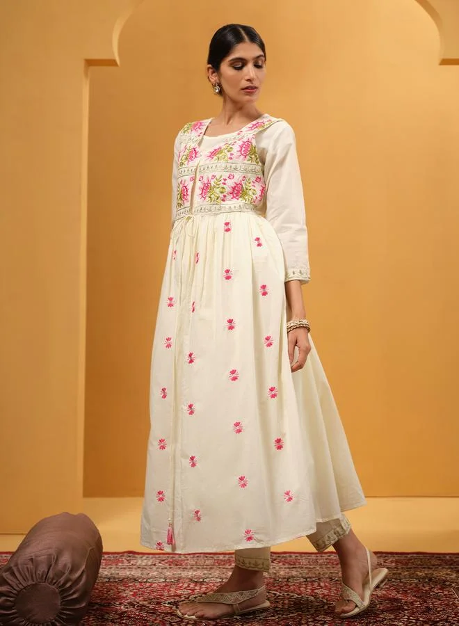 ISHIN Women's Beige Cotton Embroidered A-Line Tunic Upperwear Calf Length Palazzo Bottomwear Flowy 2 Peice Kurta Set