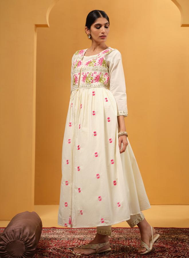 ISHIN Women's Beige Cotton Embroidered A-Line Tunic Upperwear Calf Length Palazzo Bottomwear Flowy 2 Peice Kurta Set - Image 1