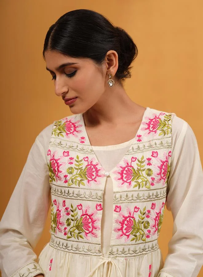 ISHIN Women's Beige Cotton Embroidered A-Line Tunic Upperwear Calf Length Palazzo Bottomwear Flowy 2 Peice Kurta Set