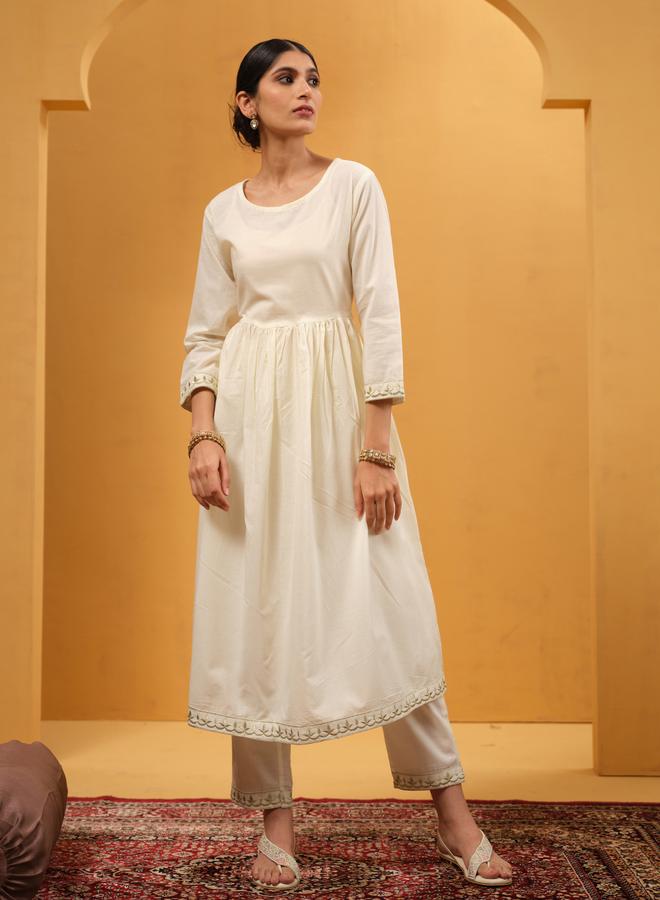 ISHIN Women's Beige Cotton Embroidered A-Line Tunic Upperwear Calf Length Palazzo Bottomwear Flowy 2 Peice Kurta Set - Image 3