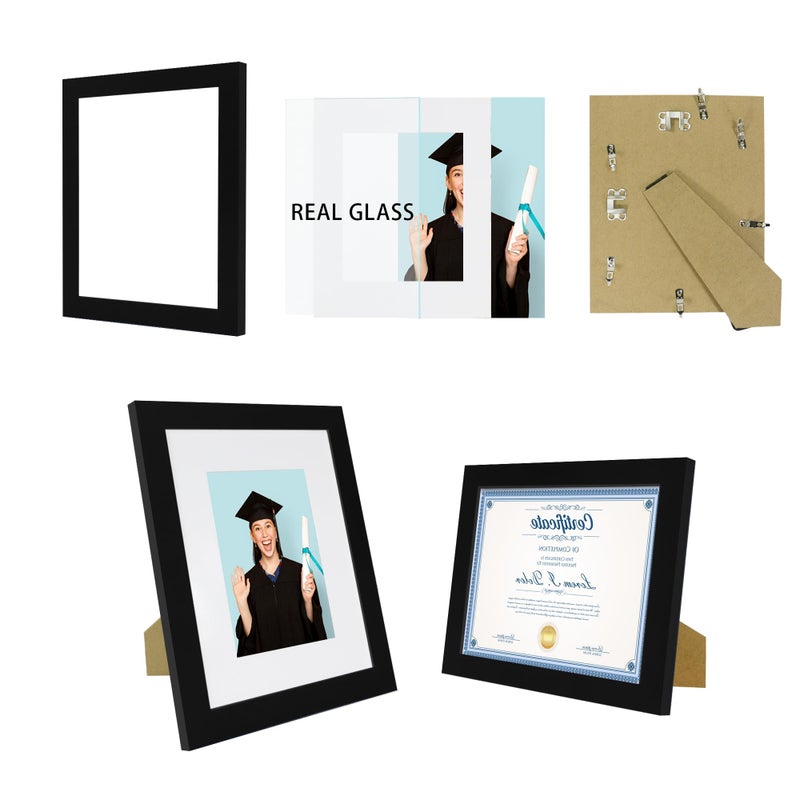 Hongkee 8.5 x 11 Picture Frame Set of 4  Made of Real Glass and Black Certificate & Diploma Frame  8.5 by 11 Photo for Wall or Tabletop - Display Picture 6x8 with Mat or 8.5x11 Without Mat - Image 3