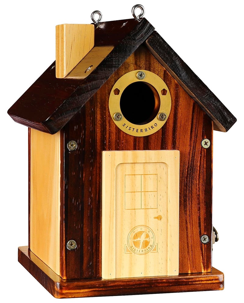 SISTERBIRD Bluebird Houses for Outside, Premium Bird Houses for Outside, Wooden Cabin Birdhouses for Outdoors, Weatherproof Courtyard Decorated Hanging Bird House, Nesting Bird House - Image 1
