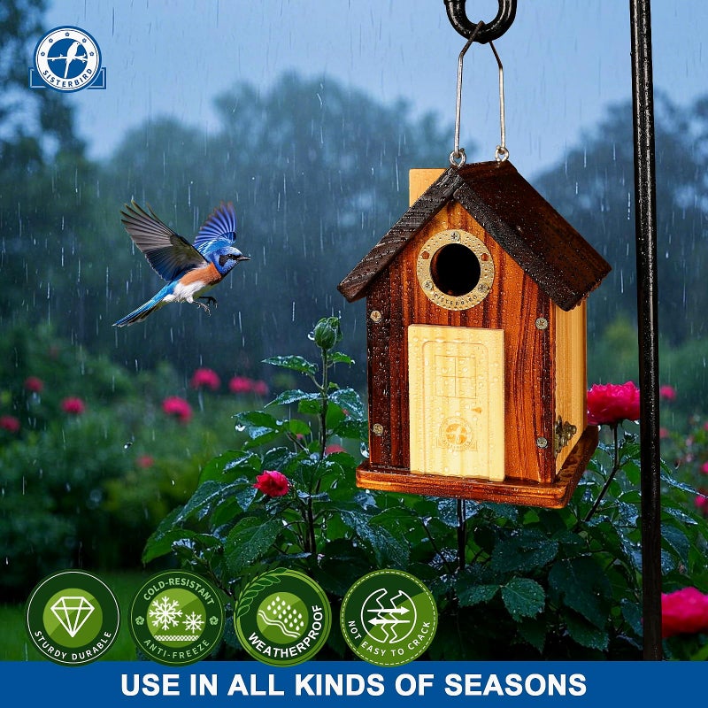 SISTERBIRD Bluebird Houses for Outside, Premium Bird Houses for Outside, Wooden Cabin Birdhouses for Outdoors, Weatherproof Courtyard Decorated Hanging Bird House, Nesting Bird House - Image 5