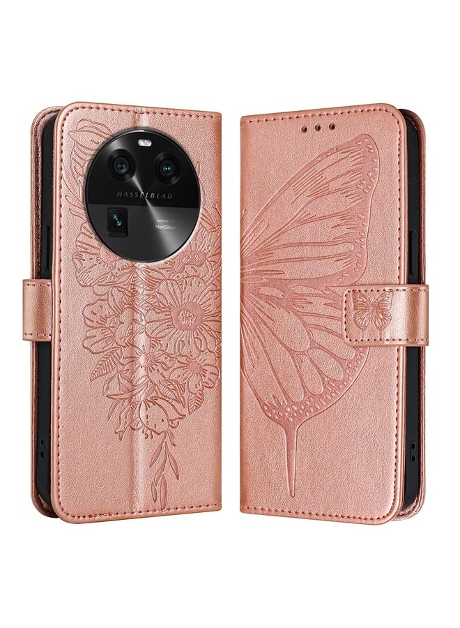 Case Cover For OPPO Find X6 Embossed Butterfly Leather Phone Case(Rose Gold)