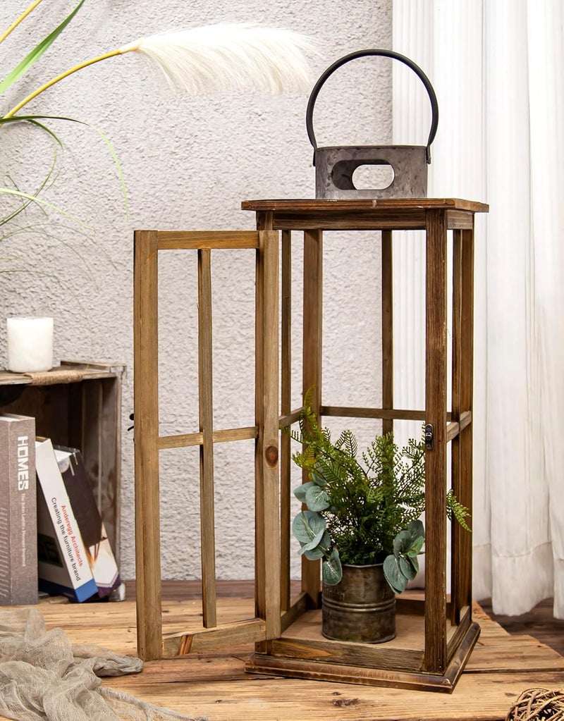 TIMRIS Large Farmhouse Wooden Metal Lantern Set of 2, Rustic Decorative Floor Candle Lanterns, Vintage Distressed Hanging Lanterns for Home Décor (No Glass) - Image 5