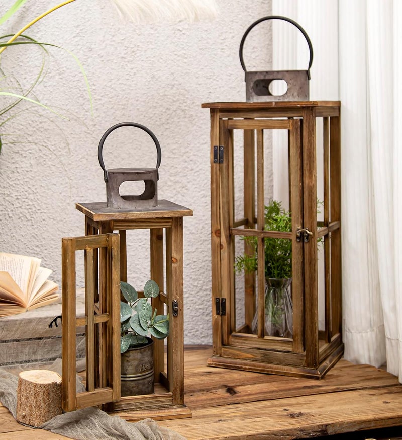 TIMRIS Large Farmhouse Wooden Metal Lantern Set of 2, Rustic Decorative Floor Candle Lanterns, Vintage Distressed Hanging Lanterns for Home Décor (No Glass) - Image 1