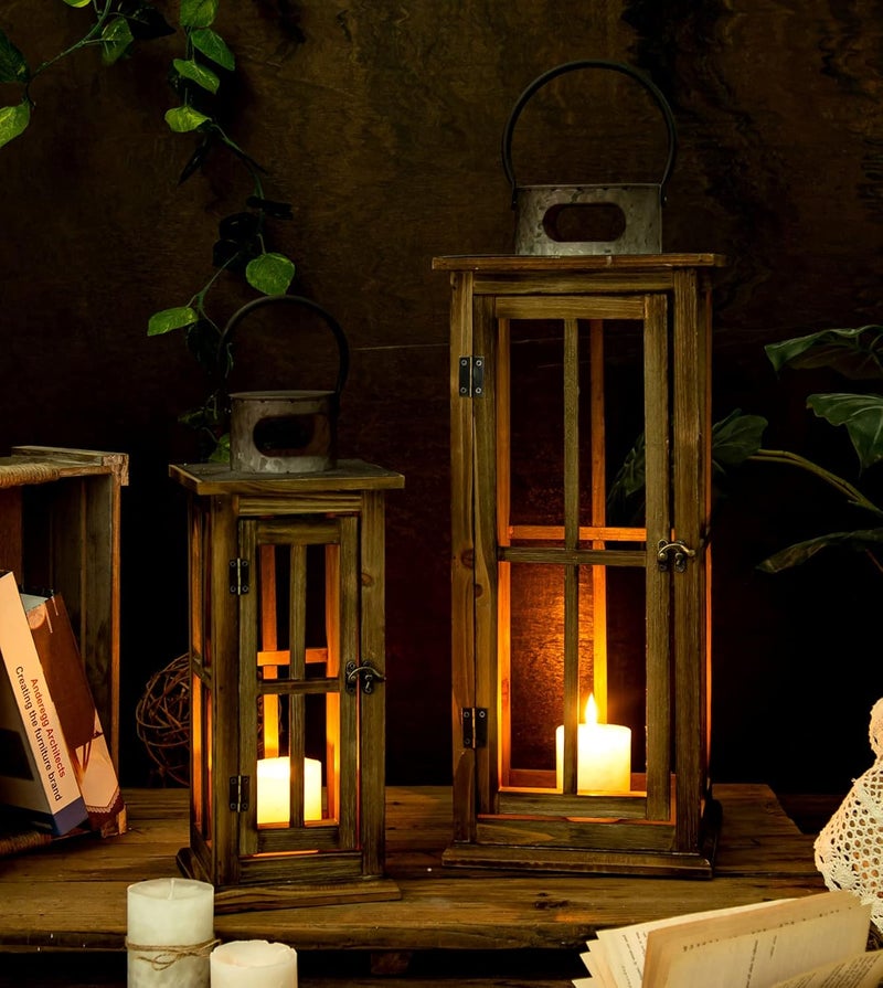 TIMRIS Large Farmhouse Wooden Metal Lantern Set of 2, Rustic Decorative Floor Candle Lanterns, Vintage Distressed Hanging Lanterns for Home Décor (No Glass) - Image 3