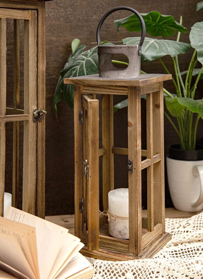 TIMRIS Large Farmhouse Wooden Metal Lantern Set of 2, Rustic Decorative Floor Candle Lanterns, Vintage Distressed Hanging Lanterns for Home Décor (No Glass) - Image 4