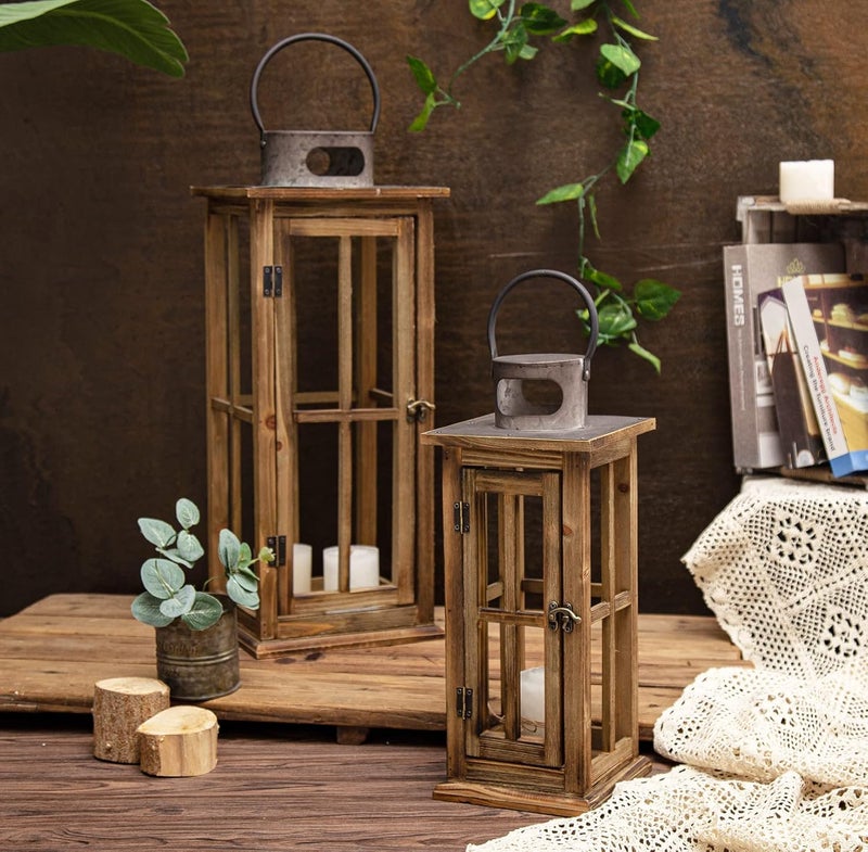 TIMRIS Large Farmhouse Wooden Metal Lantern Set of 2, Rustic Decorative Floor Candle Lanterns, Vintage Distressed Hanging Lanterns for Home Décor (No Glass) - Image 2