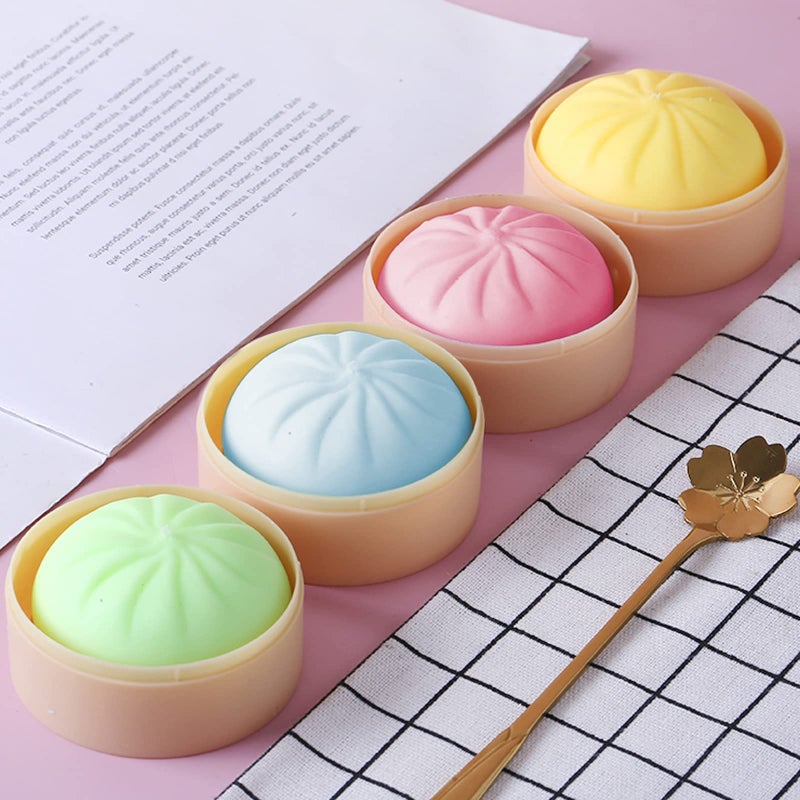 MEIEST 4 PCS Colorful Dumpling Stress Balls Fidget Sensory Toy,Squeeze Dough Ball Stress Relief Hand Toy,Bun with Food Steamer Stretchy Desk Toys - Image 2