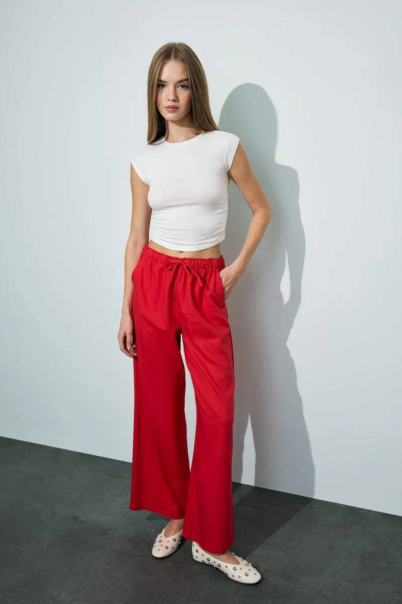 DeFacto Wide Leg Elastic Waist Linen Blend Trousers