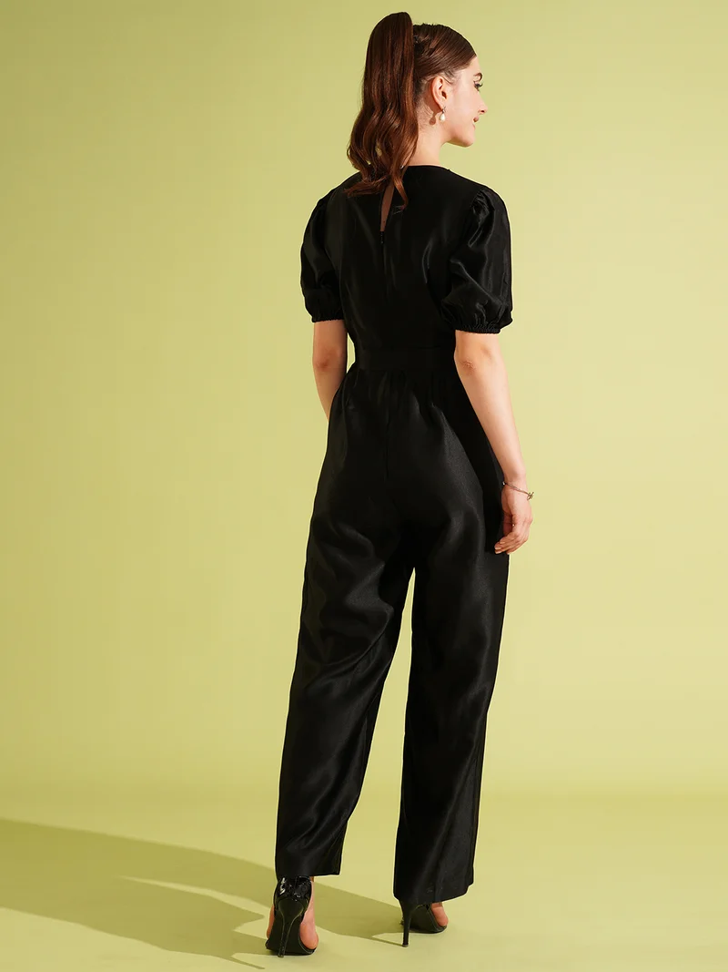 globus Women Old Money Puff Sleeve Basic Jumpsuit