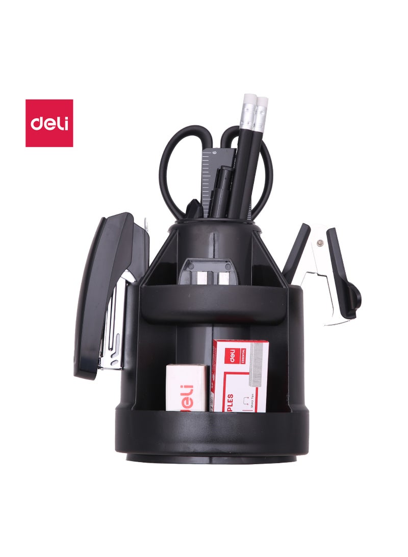 ديلي منظم مكتب دوار E38250A، φ110×170 مم، أسود، مادة HIPS متينة، 5 حجيرات، قاعدة دوارة - Image 1