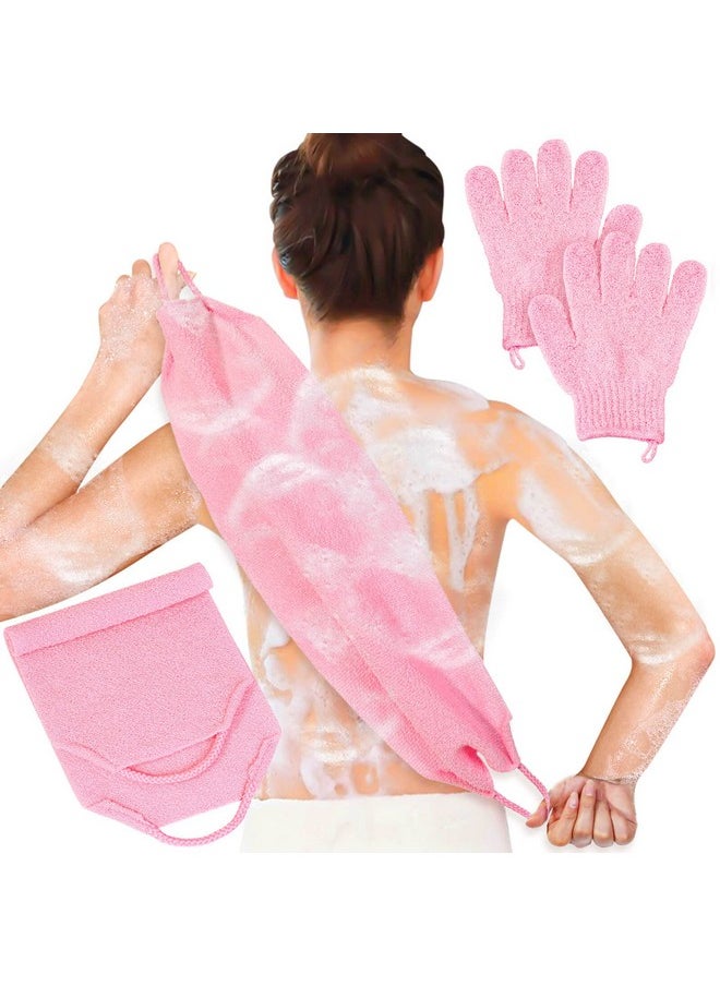 anezus Nezus Exfoliating Shower Bath Gloves Back Scrubber Set For Body Face Shower Bath Scrub And Exfoliator (Pink)  - Image 2
