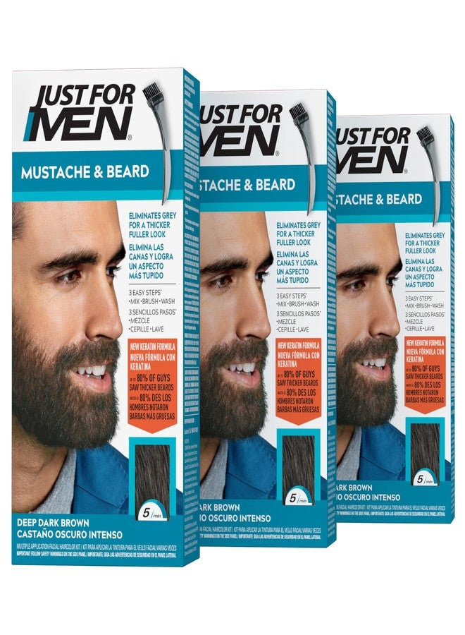 Just For Men Mustache & Beard, Beard Dye for Men with Brush, With Keratin Biotin Aloe and Coconut Oil for Healthy Facial Hair - Deep Dark Brown, M-46, Pack of 3 (Packaging May Vary) - Image 1
