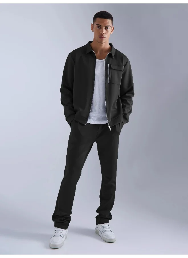 مانياك Mens Solid Black Collared Neck Jacket and Jogger Cotton Loopknit Fleece Co-Ords