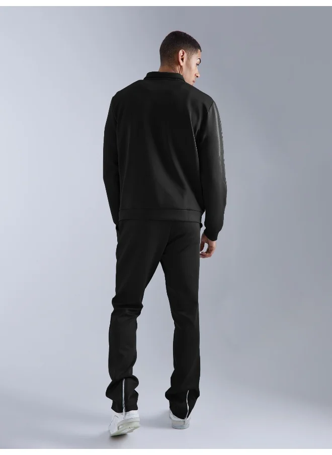 مانياك Mens Solid Black Collared Neck Jacket and Jogger Cotton Loopknit Fleece Co-Ords