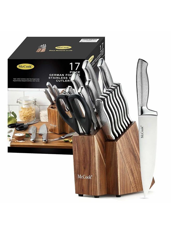 McCook ® Premium Knife Sets,Full Tang Hammered German Stainless Steel Kitchen Knife Set with 8 Pieces Steak Knives and Acacia Block - Image 1