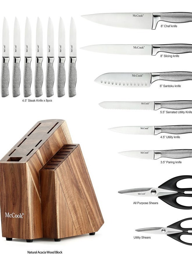 McCook ® Premium Knife Sets,Full Tang Hammered German Stainless Steel Kitchen Knife Set with 8 Pieces Steak Knives and Acacia Block - Image 2