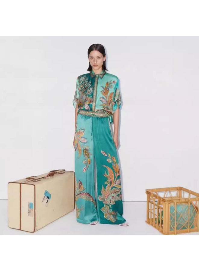 Cross-border Independent Station 2024 European And American Retro Printed Satin Short Sleeve Lapel Shirt Pants Casual Suit 