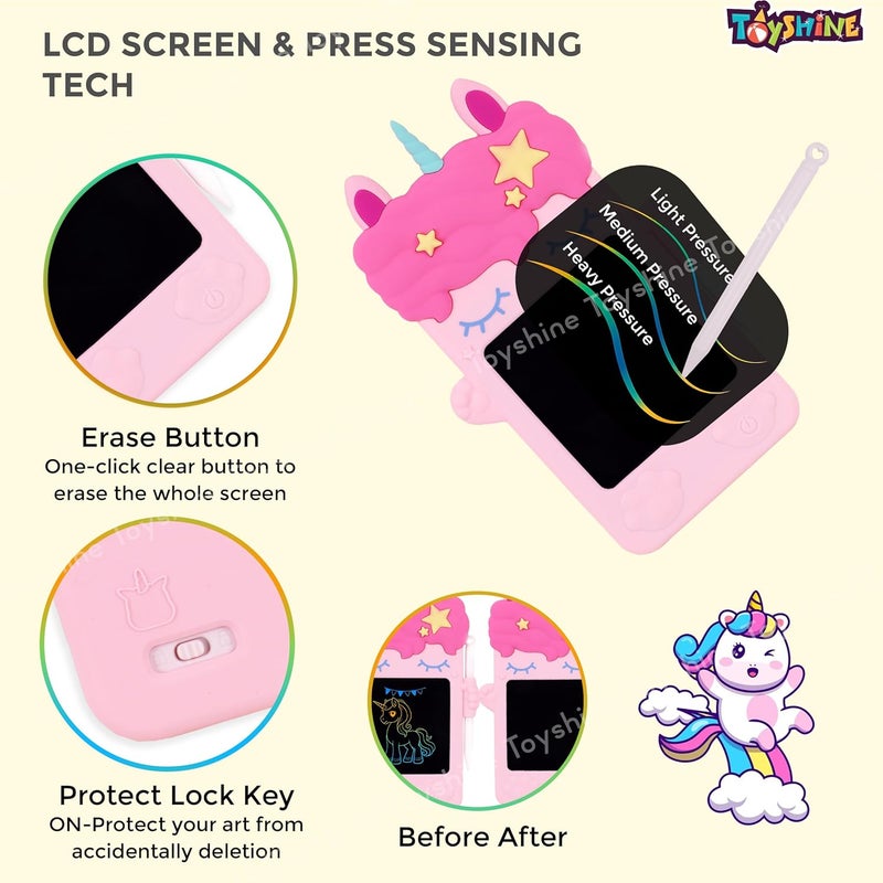 Toyshine لوحة كتابة LCD بتصميم يونيكورن صغيرة، لوحة رسم لطيفة بحجم شاشة 8 سم، ألعاب تعليمية للأطفال الصغار من 3 سنوات فما فوق، باللون الوردي - Image 3