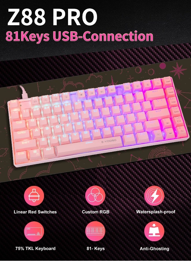 Z-88 PRO RGB Mechanical Gaming Keyboard, Red Switch, RGB Backlit, Water Resistant, 75% Layout Keyboard Compact 81 Keys Anti-Ghosting for Mac, PC, Pink  - Image 3