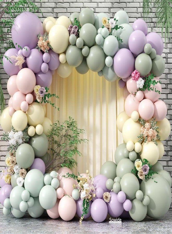 Sowide Pink Purple Green Balloon Arch Kit, 122Pcs Dusty Pink Light Green Macaron Yellow Pastel Balloons for Kids Girl Flower Party Decorations Spring Baby Shower Wedding Engagement Fairy Birthday Supplies - Image 1