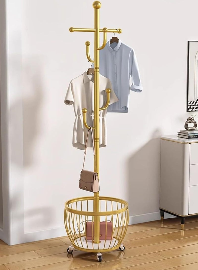 Generic Coat Rack Freestanding, Moveable Coat Tree with Basket, Modern Coat Hanger Stand with 4/6 Hooks for Scarf Jacket Hat, Metal Clothes Rack for Living Room Bedroom Office(168cm/66inch, Gold) - Image 1