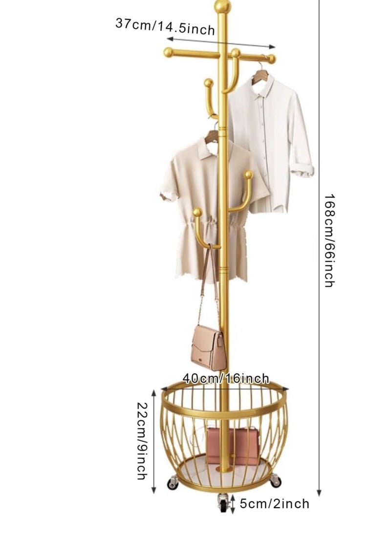 Generic Coat Rack Freestanding, Moveable Coat Tree with Basket, Modern Coat Hanger Stand with 4/6 Hooks for Scarf Jacket Hat, Metal Clothes Rack for Living Room Bedroom Office(168cm/66inch, Gold) - Image 2