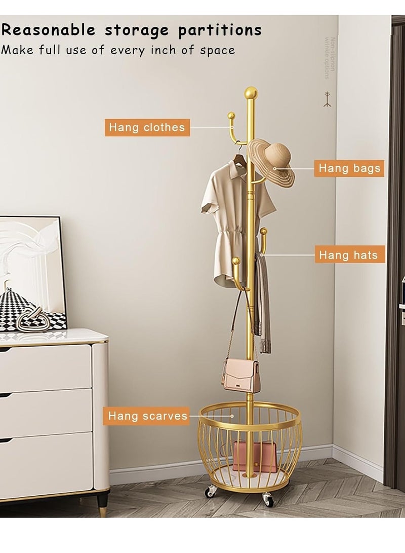 Generic Coat Rack Freestanding, Moveable Coat Tree with Basket, Modern Coat Hanger Stand with 4/6 Hooks for Scarf Jacket Hat, Metal Clothes Rack for Living Room Bedroom Office(168cm/66inch, Gold) - Image 3
