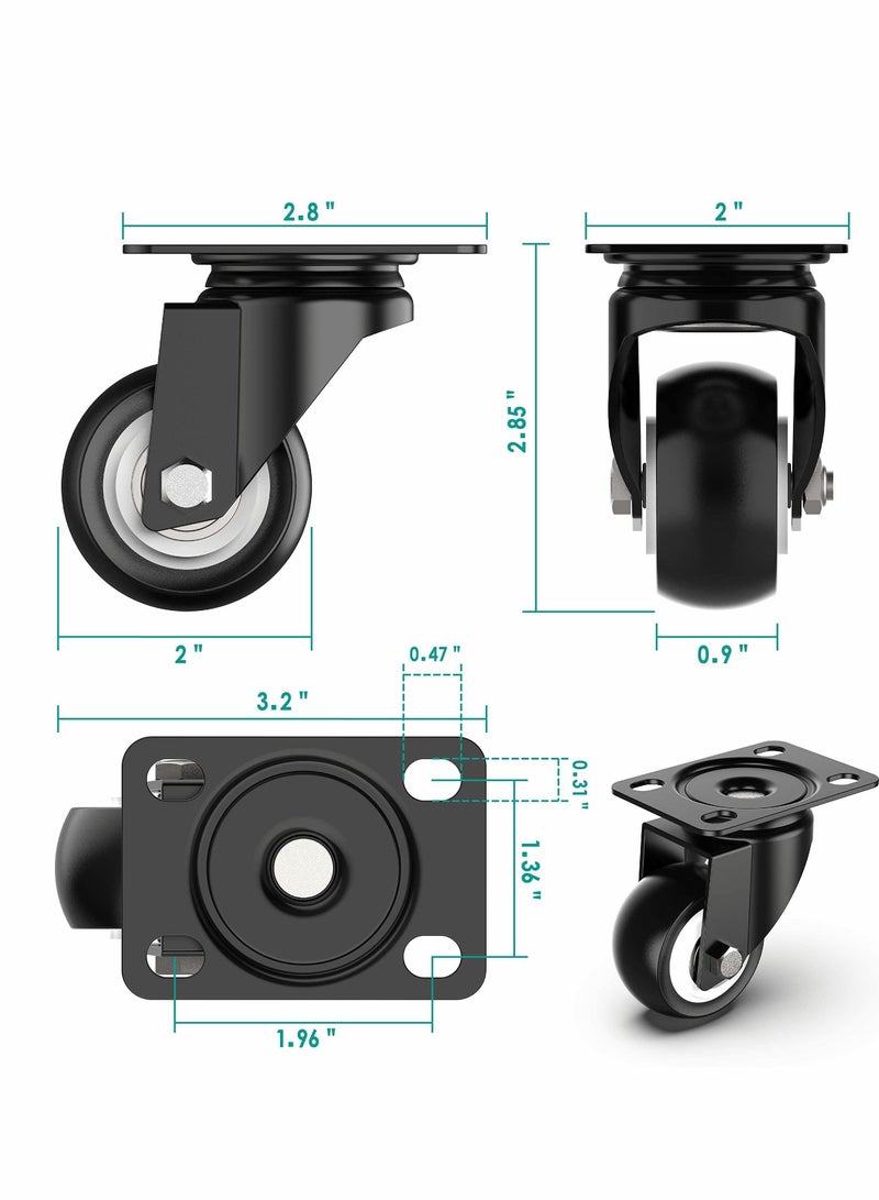2 Inch Swivel Caster Wheels, Heavy Duty Plate Casters with Safety Brake Total Capacity 600lbs, 360 Degree Rotation Pulley for Set of 4 (2 with Brakes and 2 without) - Image 5